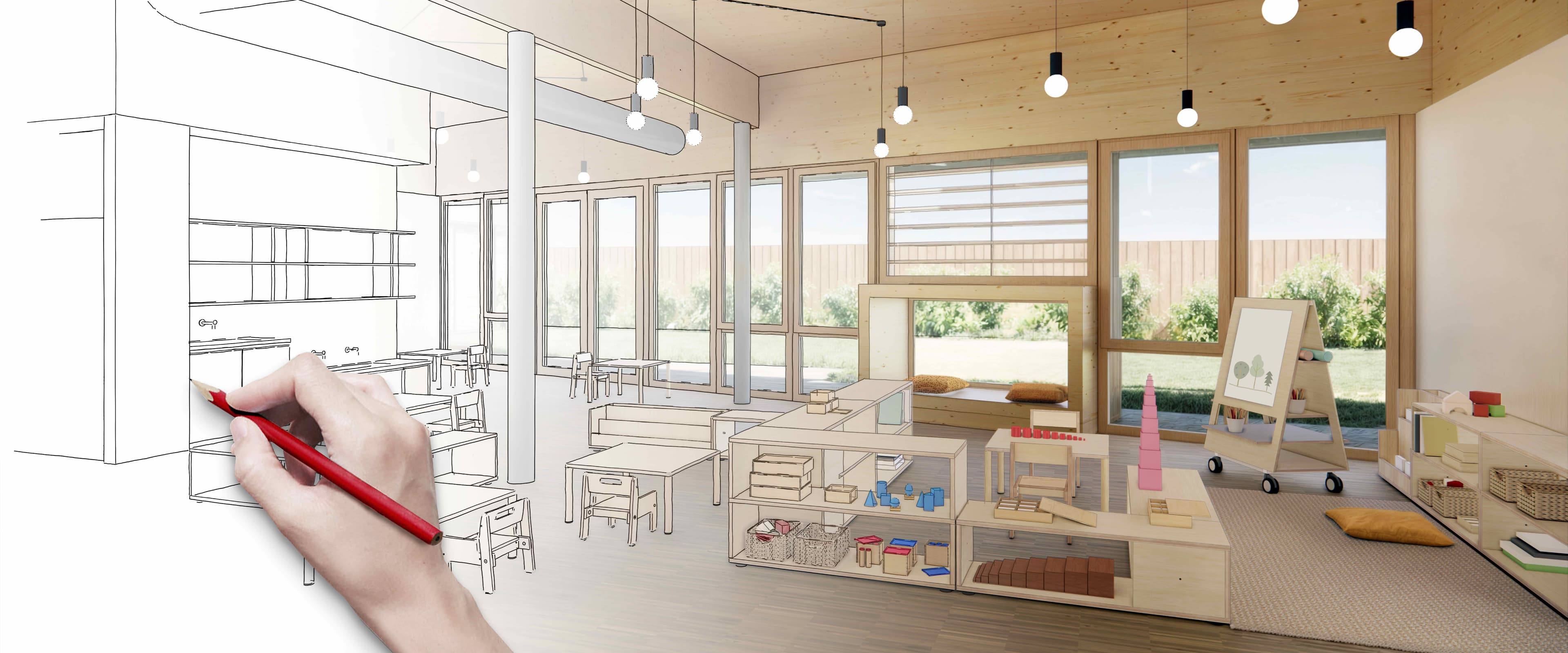 Eine Montessori-Umgebung, von der eine Hälfte eine Zeichnung ist und die andere Hälfte eine Visualisierung, von Hand gezeichnet.