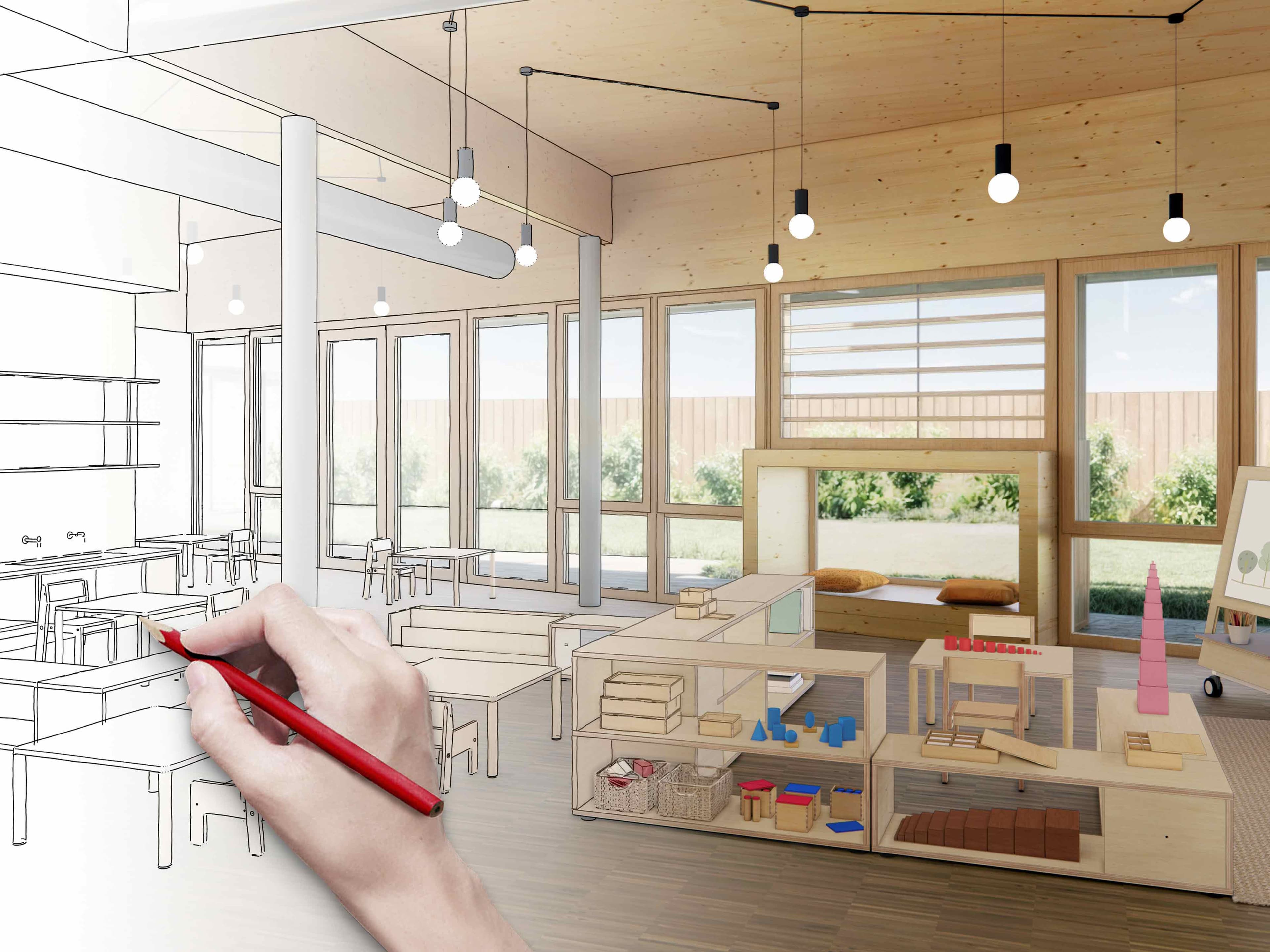 Eine Montessori-Umgebung, von der eine Hälfte eine Zeichnung ist und die andere Hälfte eine Visualisierung, von Hand gezeichnet.